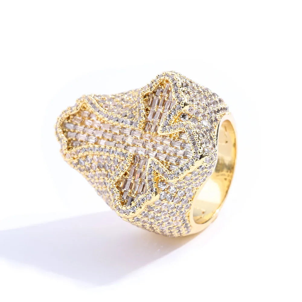 Hip Hop Cross Ring 18K Real Gold Plated Topbling 5A Cubic Zircon Religious Mens Jewelry