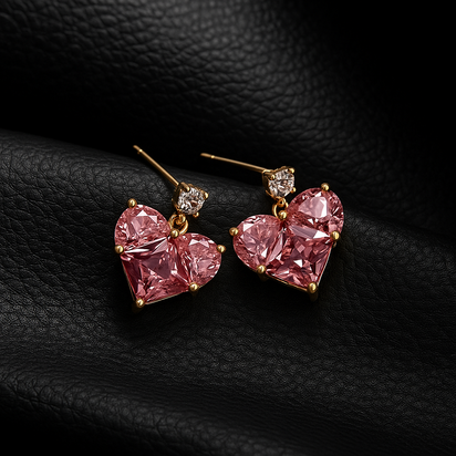 Pair of heart‑shaped earrings with pink stones and gold finish.
