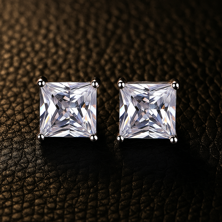 Pair of square stud earrings with clean edges and sparkling stones.