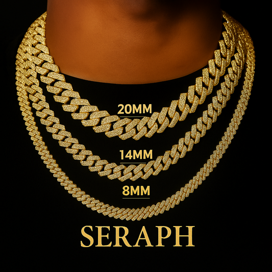 Prong‑style Cuban link chain with multiple rows of stones and rich gold finish.