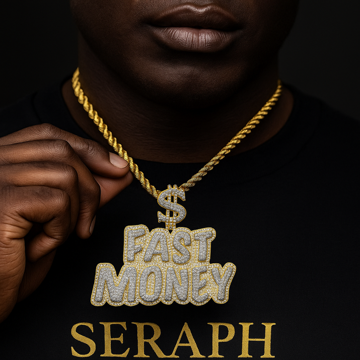 Pendant with a dollar sign buckle and "FAST MONEY" text covered in glittering stones hanging from a gold chain.