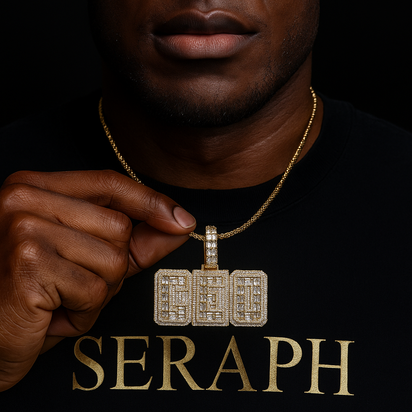 Baguette‑letter pendant spelling a name, attached to a rope chain.