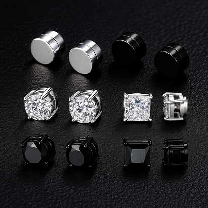 Set of multiple stud earrings in different shapes and colours, each with sparkling stones.