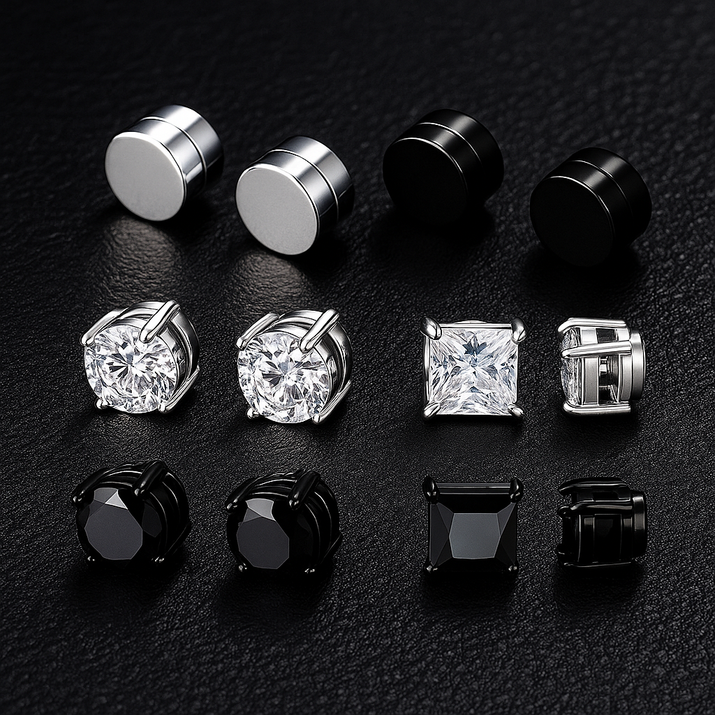 Set of multiple stud earrings in different shapes and colours, each with sparkling stones.