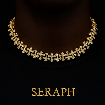 Necklace featuring uniform links with shimmering stones and a golden hue.