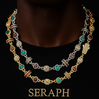 Necklace with colourful stones set along each link in a rich pattern.