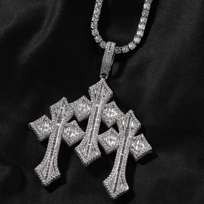 Triple Cross pendant with pavé stones and white gold finish