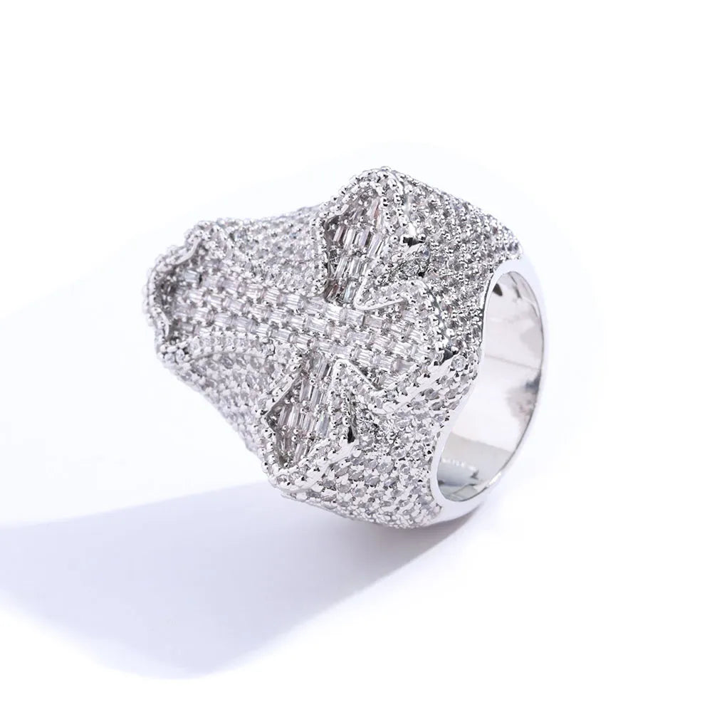 Hip Hop Cross Ring 18K Real Gold Plated Topbling 5A Cubic Zircon Religious Mens Jewelry