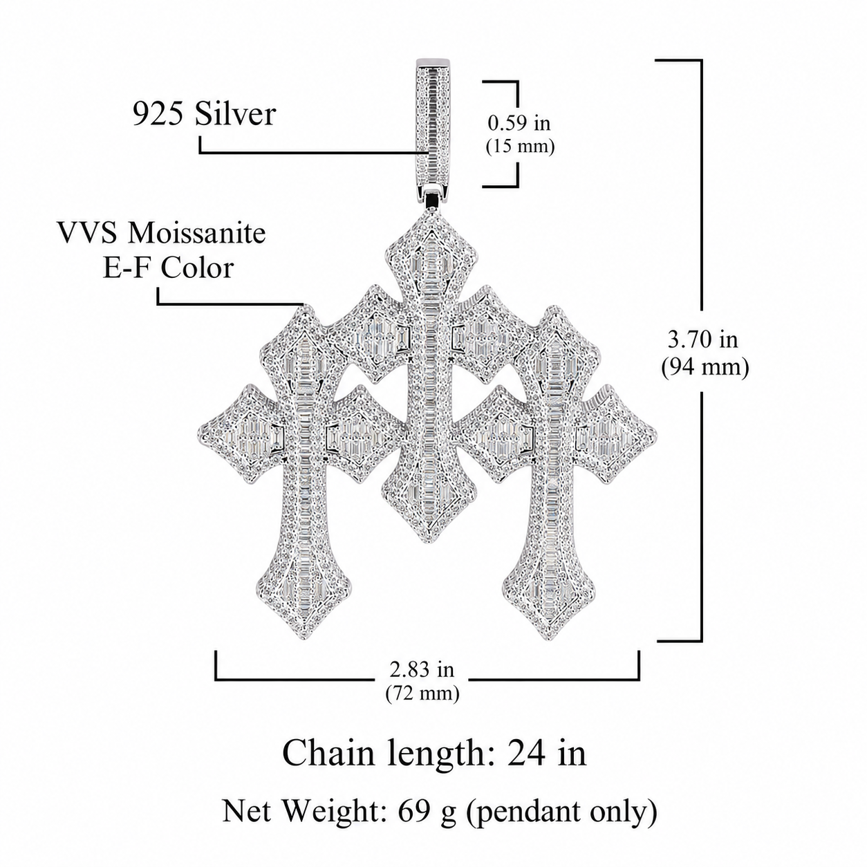 3D Baguette + Round Triple Cross Pendant Moissanite S925