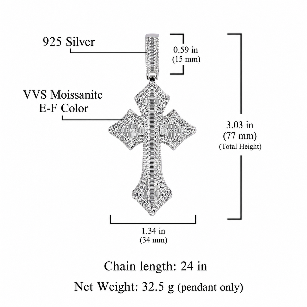 3D Baguette + Round Single Cross Pendant Moissanite S925