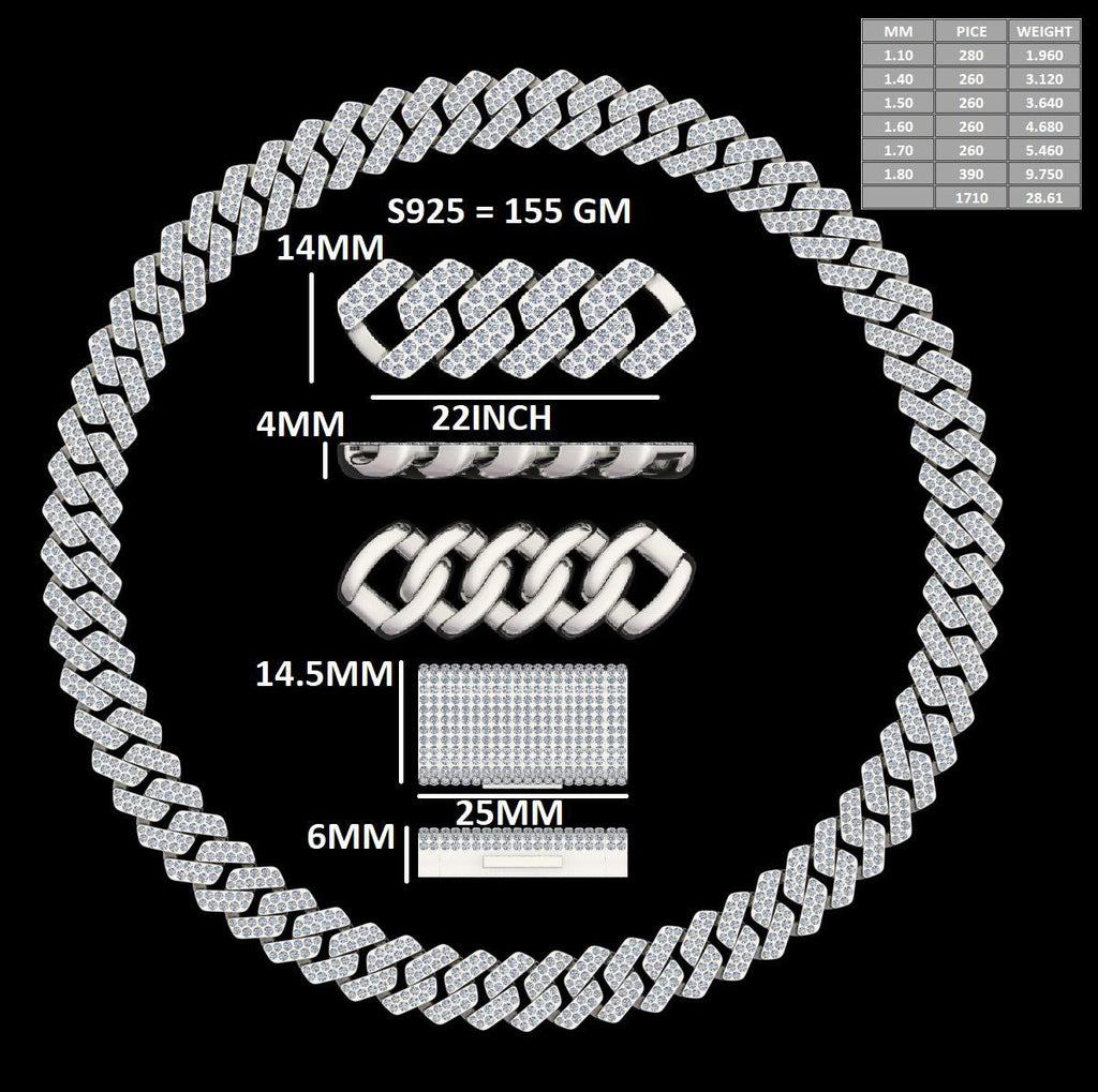 14mm 2 Row Cuban Link Chain Moissanite S925