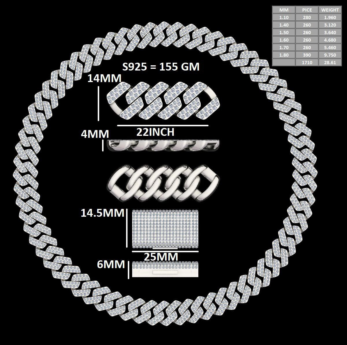 14mm 2 Row Cuban Link Chain Moissanite S925
