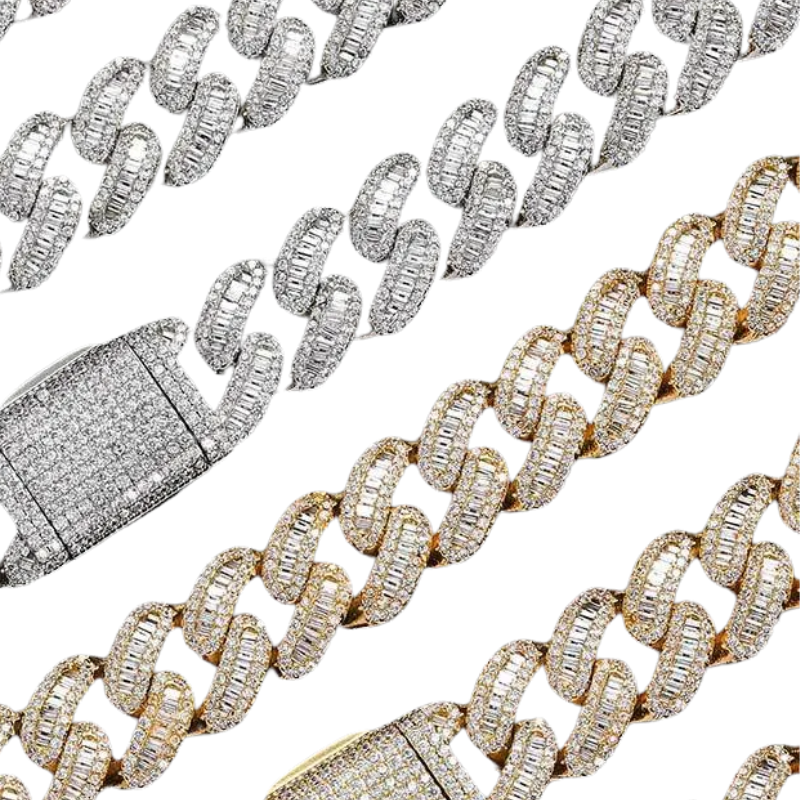 15mm Baguette Cuban Link Chain Moissanite S925