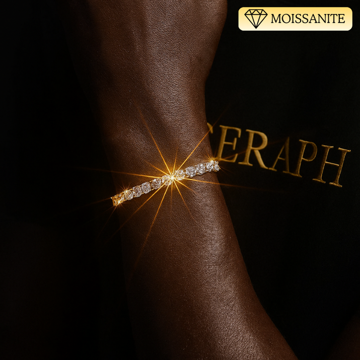 Close‑up of a tennis bracelet featuring moissanite stones on silver links.