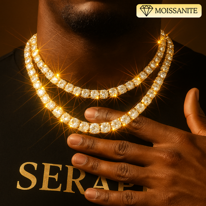 Close‑up of a tennis chain featuring moissanite stones on silver links.